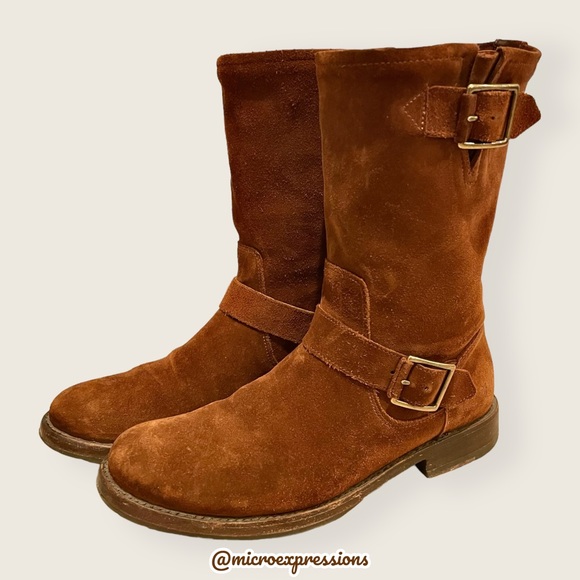 $389 Veronica Short Belted Brown Suede Leather Popular Moto Vintage Combat Boot - Picture 11 of 16